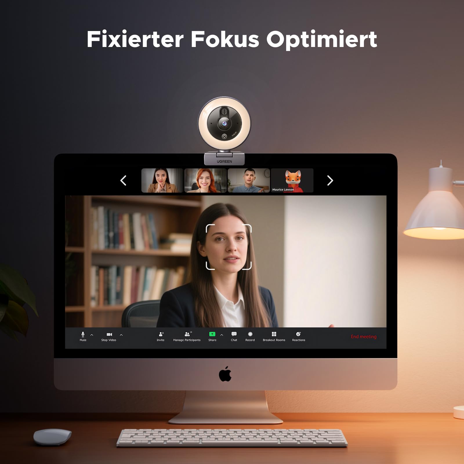 UGREEN FineCam Lite 2K Webcam mit Ringlicht PC Kamera mit mikrofon Streaming Kamera mit Abdeckung Fixfokus 4 Fülllichtstufen 80°FOV USB-A/C Anschluss Kompatibel mit PC/Laptop/Windows/Mac/Linux/Skype 9