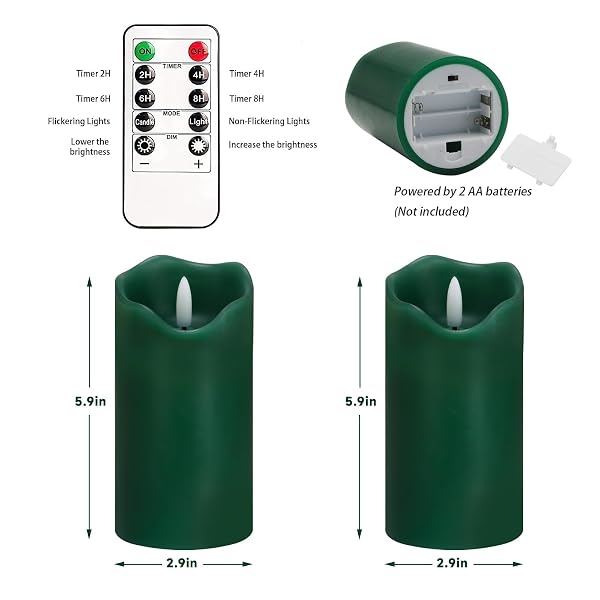 VEEKI FLAMELESS CANDLES LIGHT, SET OF 2 6″X3″ FLICKERING CHRISTMAS FLAMELESS CANDLES WITH REMOTE & TIMER, DIMMABLE REAL WAX PILLAR CANDLES BATTERY OPERATED, GREEN CANDLES FOR HOME XMAS DECOR (GREEN)