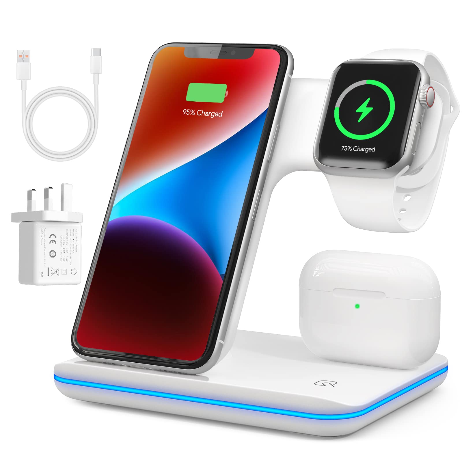 3 in 1 Wireless Charging Station, Wireless Charger Docking Station for iPhone 16/15/14/13/12/11/XR/XS/and Apple Watch 8/7/6/5/4/3/2/SE, Charging stand for AirPods 1/2/3/ Pro/Pro 2 with Lightning Port