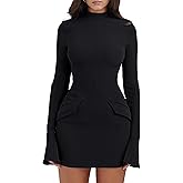 YMDUCH Women's Long Sleeve Mock Turtle Neck Bodycon Mini Tank Short Party Dress