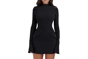 YMDUCH Women's Long Sleeve Mock Turtle Neck Bodycon Mini Tank Short Party Dress