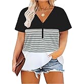 CARCOS Plus Size Tops for Women Button Up Henley Shirts Short Sleeve Summer T-Shirts V/Crewneck Casual Trendy Tunics XL-5XL