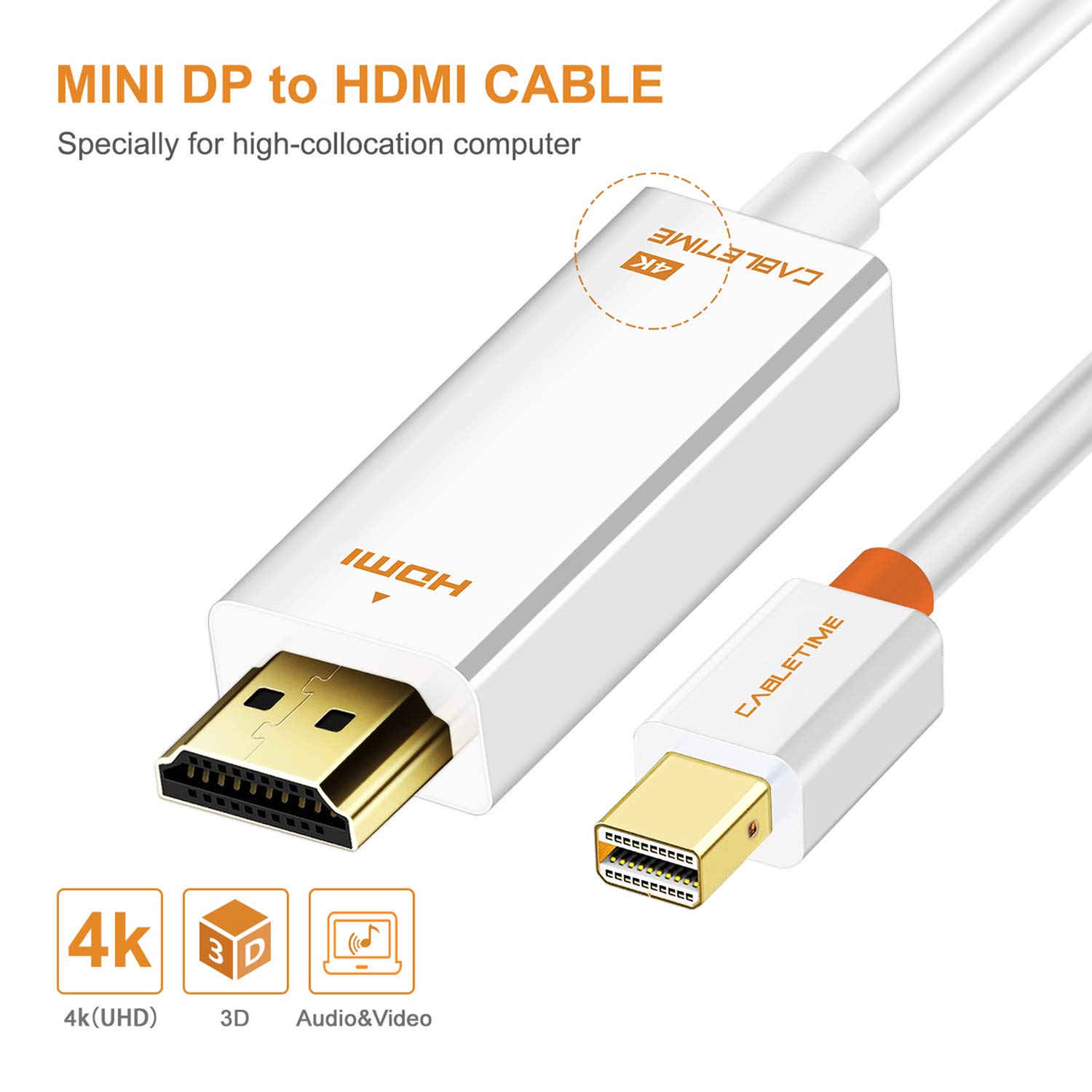 Mini Displayport(Thunderbolt) to HDMI Cable Mini DP to HDMI Converter(Adapter) 4K HD Gold-Plated Cord for MacBook Air, Mac mini, Microsoft Surface Pro 3/4, etc White (6 Feet (1.8M))