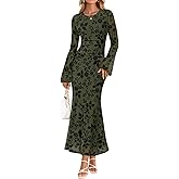 ZESICA Women's Long Sleeve Floral Bodycon Dress 2026 Spring Fall Ruched Mesh Wedding Guest Cocktail Party Maxi Dresses