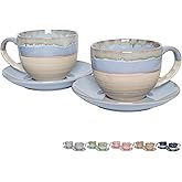Bosmarlin Ceramic Cappuccino Cup and Saucer Set of 2, 10 Oz, Coffee Cups for Latte, Espresso, Tea, Dishwasher and Microwave Safe, Reavtive Glaze (Light Blue)