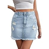 HERBATOMIA Women’s Bodycon Denim Mini Skirt High Waist Casual Washed Frayed Stretchy Jean Skirts with Pocket for Women