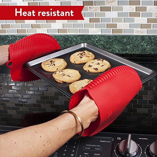 The Ultimate Pot Holders / Oven Mitts | 100% Silicone Mitt is Healthier Than Cotton & Easier to Clean, Won't Grow Mold or Bacteria | Unique Design Makes it Safe, Non-Slip, Flexible (Coral Red, 1 Pair) - Thumbnail 4