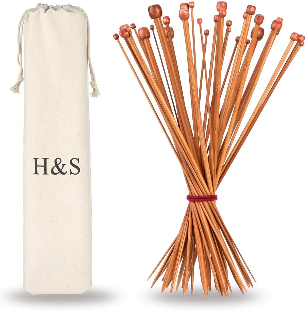 H&S Bamboo & Wooden Knitting Needles Set (36 Pcs) Single Pointed Knitting Needles Long with Case, Brown, 2.0mm - 10.0mm