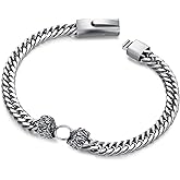 Hagkew Lion/Wolf Bracelet for Men 925 Sterling Silver Lion Head Cuban Chain Bracelet Clasp Cuban Chain Link Biker Party Jewelry Bracelet Gift for Dad Men