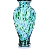 Hand Blown Glass Vase 11.8" Tall Beautiful Turquoise Sea Wide Mouth Bud Vase for Table Centerpiece, Painted Colorful Murano Glass Flower Vases for - Home Entrance Wedding Center