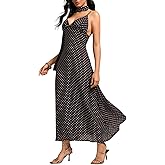 GORGLITTER Women's Deep V-Neck Polka Dots Mesh Tie Backless Sleeveless Long Maxi Dress with Scarf