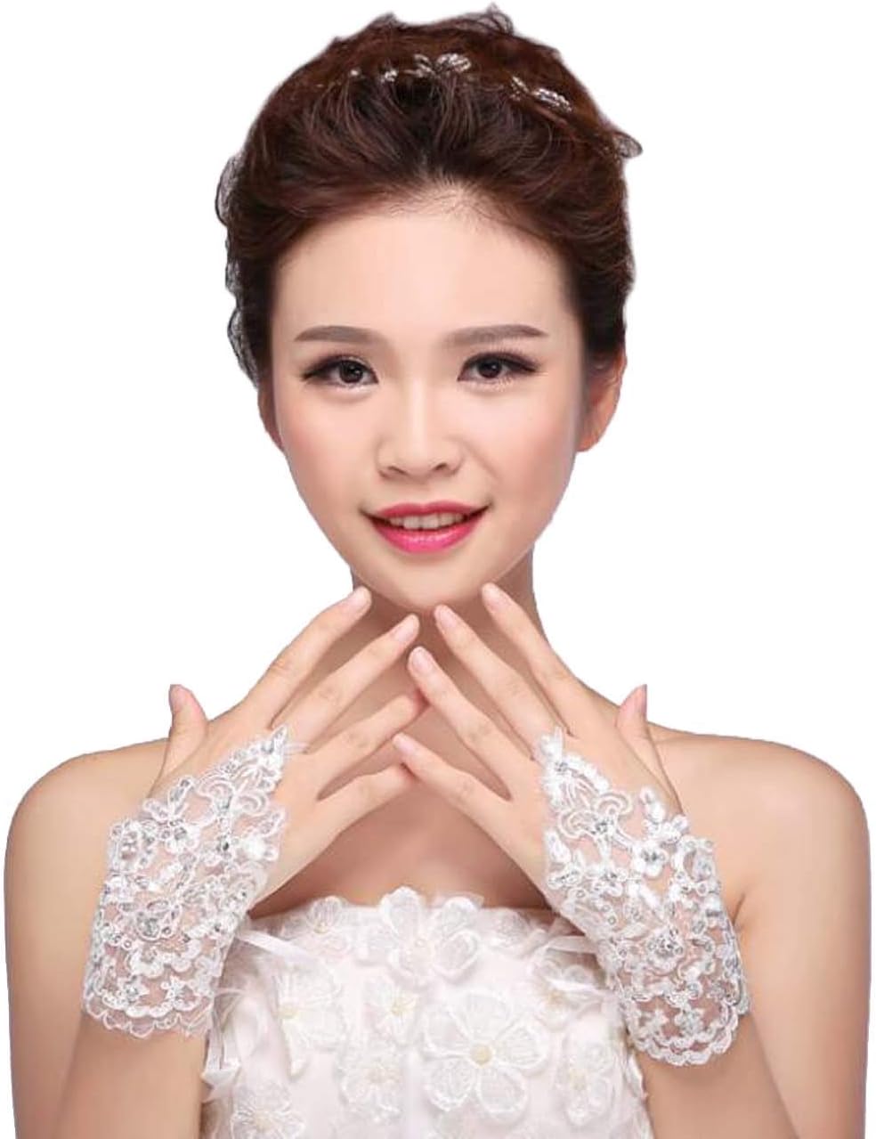 Women Bridal Wedding Gloves Rhinestone Fingerless Gloves Lace Driving Party Gloves