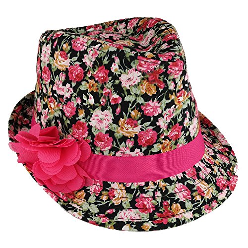 Girl's Rose Floral Print Fedora Hat with Flower Hat Band - BLACK - XL