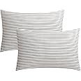 JELLYMONI 100% Natural Cotton Striped Queen Pillowcases Set, 2 Pack White and Grey Stripes Pattern Printed Pillow Covers with Envelope Closure(Pillows are not Included)