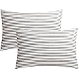 JELLYMONI 100% Natural Cotton Striped Pillowcases Set, 2 Pack White and Grey Stripes Pattern Printed Pillow Covers with Envel