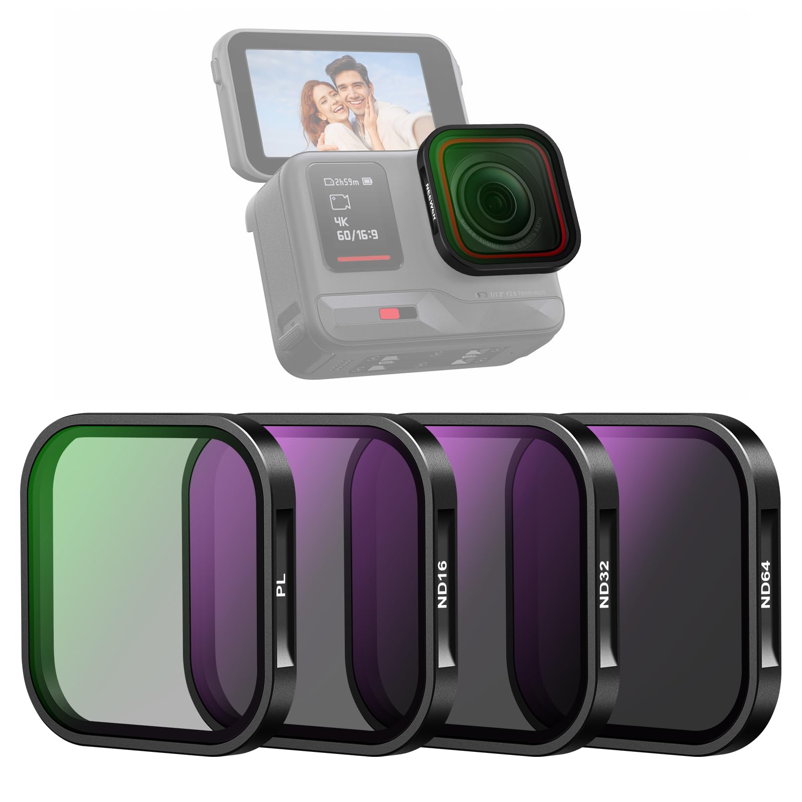 NEEWER ND & CPL Filter Set Compatible with Insta360 Ace Pro, ND16 ND32 ND64 CPL 4 Pack Action Camera Accessories Polarizer Neutral Density Filters with Multi Coated Optical Glass & Slim Aluminum Frame