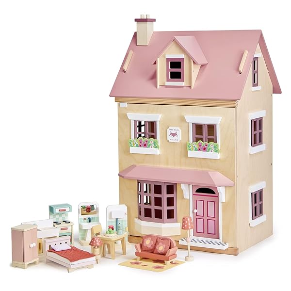 TENDER LEAF TOYS – FOXTAIL VILLA – BEAUTIFUL MID-SIZED WOODEN TOWN-STYLE DOLL HOUSE WITH STARTER FURNITURE SET – MINIATURE PLAY – ENCOURAGES ROLE-PLAY AND STORY INVENTION IN BOYS AND GIRLS – AGE 3+