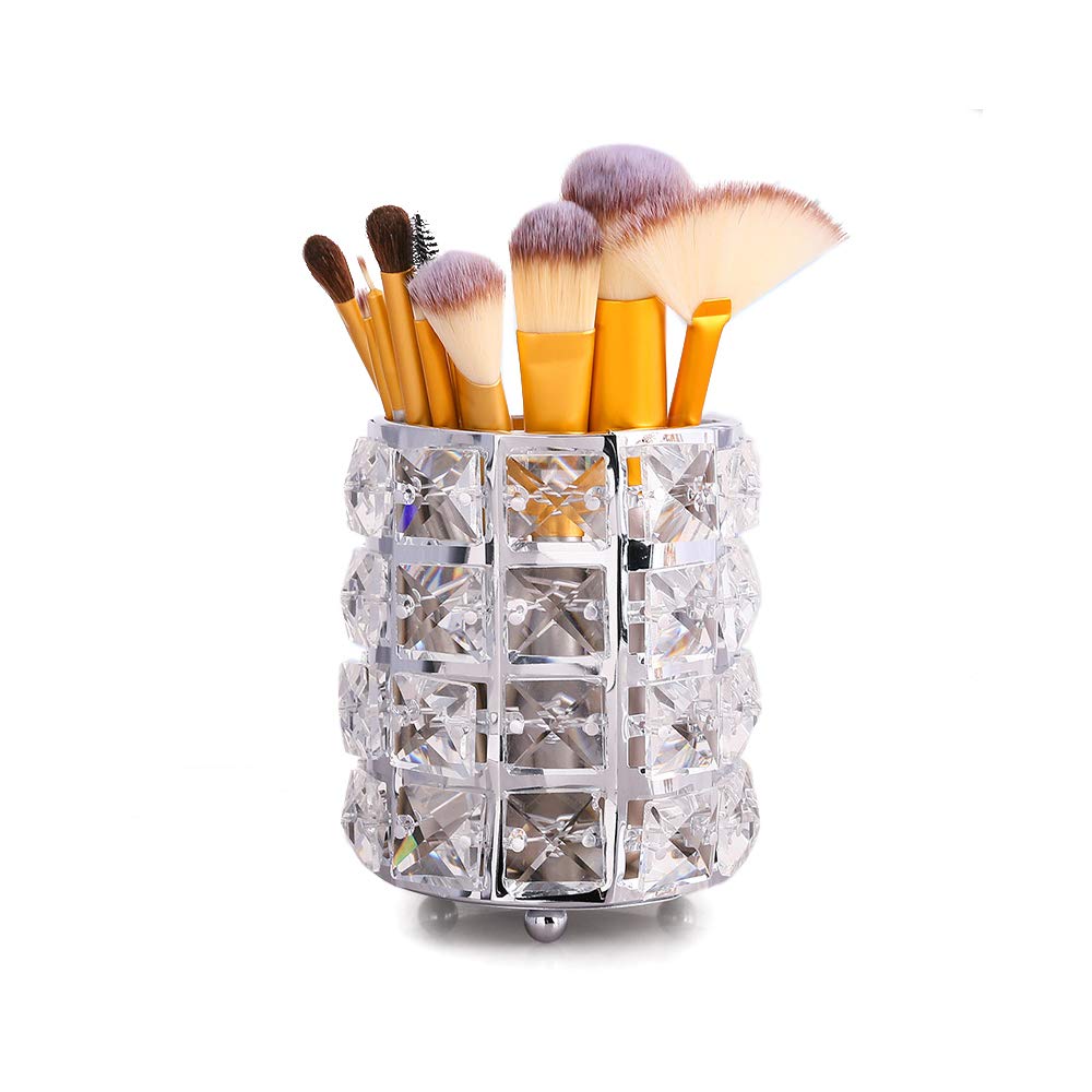 VINCIGANT Handcrafted Crystal Rotating Makeup Brush Holder Organizer Bling Personalized for Vanity,Bathroom,Bedroom,Office Desk Christmas Decoration Silver