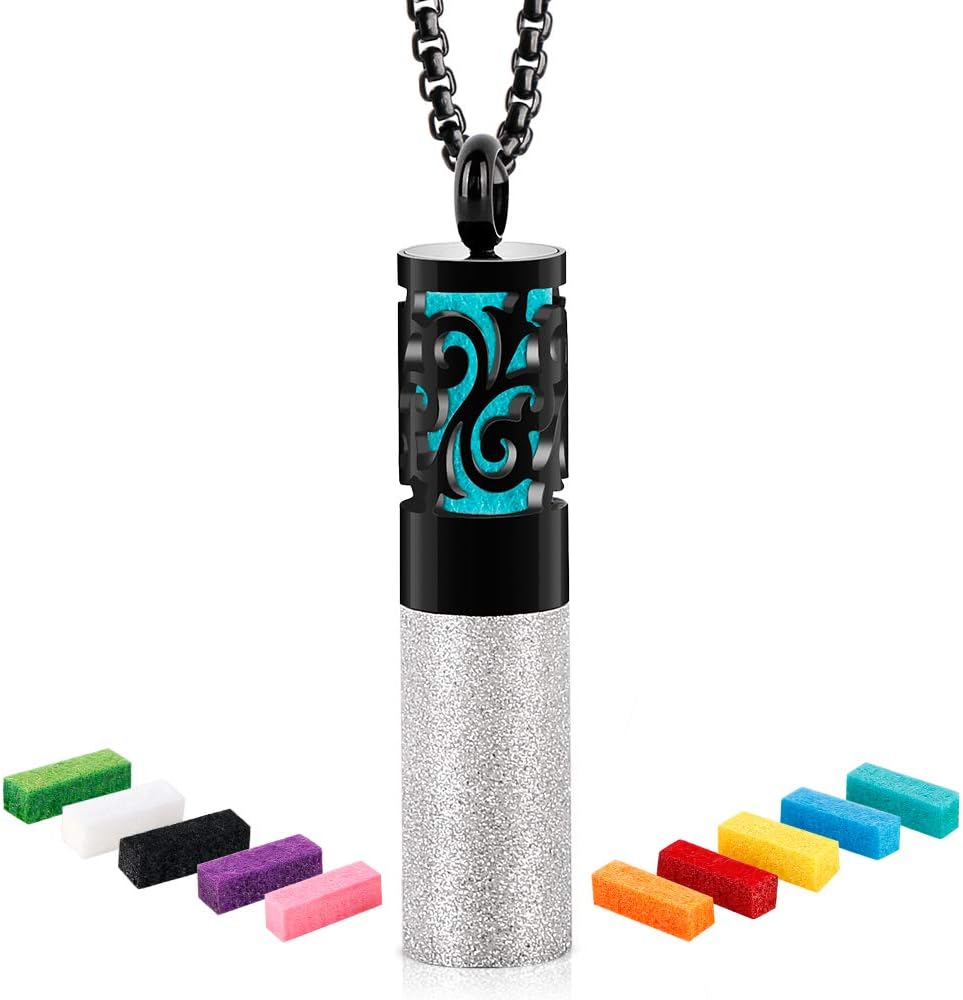 Essential Oil Diffuser Necklace, Maromalife Diffuser Pendant Locket Stainless Steel Pearl Chain Aromatherapy Necklace Sparkling Silver Diffuser Jewelry Necklace for Men&Women(Silver+Black)