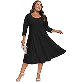Moon Wood Women's Plus Size Midi Dress 3/4 Sleeve Crew Neck A-Line Flare Dresses with Pockets, Casual Dreses Daily Wear