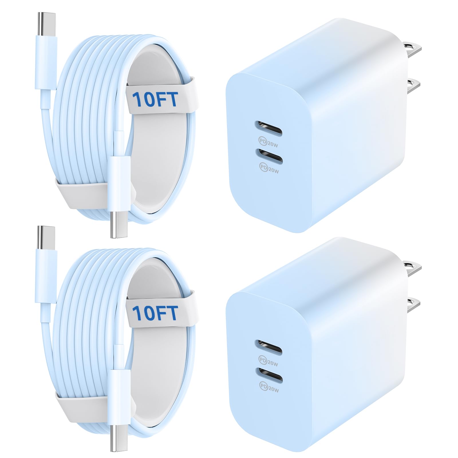 20W Dual Port USB C Charger Block,Phone 17/16/15 Pro Max Charger Fast Charging with 10FT Long USB C to C Charging Cable Cord for 17 16 Pro Max/17 16 15Pro/15/15Plus,Android Phone-Gradient Blue