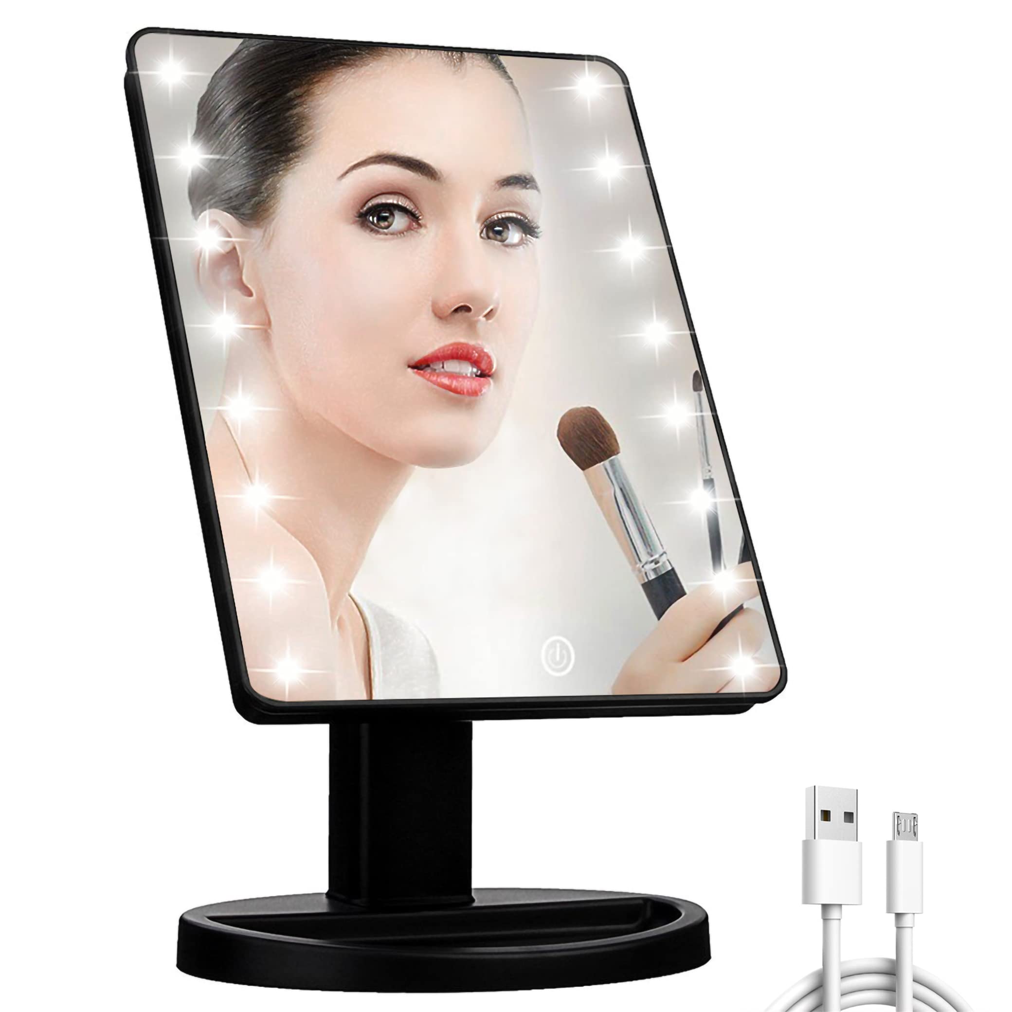 Photo 1 of KOOKIN Lighted Vanity Makeup Mirror Led Lights 180 Degree Rotation Lighted Mirror Touch Screen Adjusted Brightness Desk Mirrors USB Dual Supply Bathroom Beauty Cosmetic Mirrors (Black)