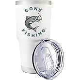 Premium 30 oz Gone Fishing White Tumbler with Slider Lid - Insulated Stainless Steel with lid, Keeps Drinks Hot or Cold - Unique Fish Gift, Fisherman Coffee Tumbler for Men, Gifts for Anglers