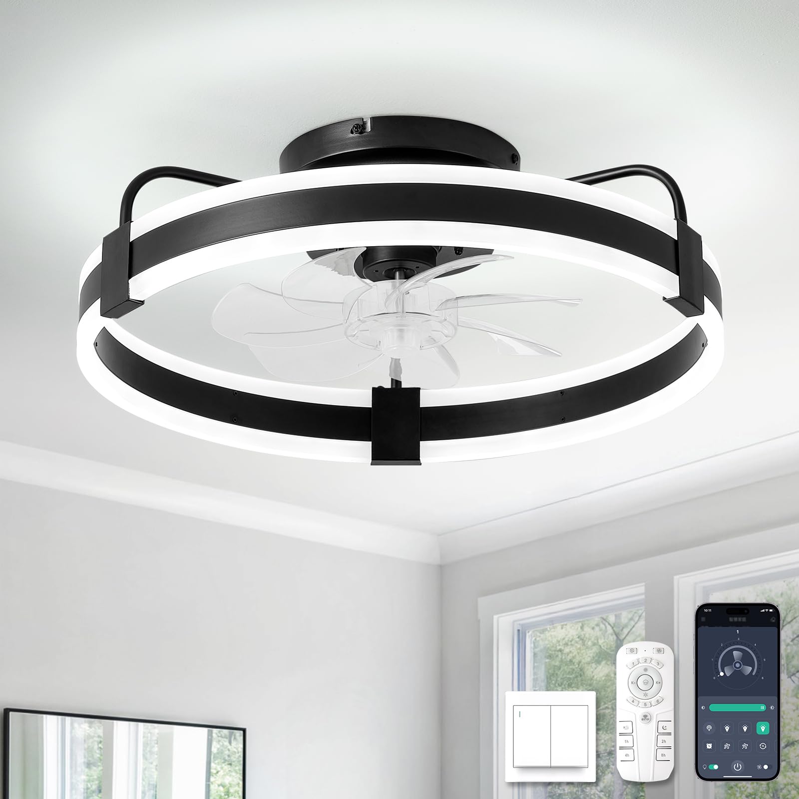 Photo 1 of Chansim Ceiling Fans with Lights and Remote, 20" Low Profile Ceiling Fan with Light, 3000K-6000K, 6 Wind Speeds, Black Modern Flush Mount Fandelier LED Fan for Bedroom (Black)
