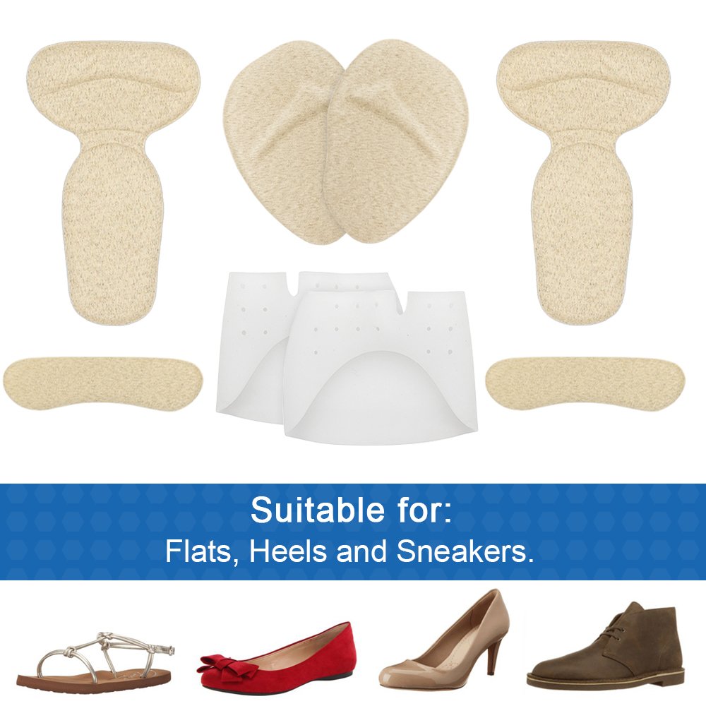 Dr. Foot’s High Heel Pads - Gel Ball of foot Cushions, Metatarsal Pads, Back Heel Shoe Inserts, Heel Snugs, Forefoot and Heel Pain Relief Pad 4 Pairs (Beige)