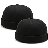 Malaxlx 2 Pcs Mens Brimless Docker Cap Set - Retro Worker Sailor Skull Cap Beanie with Rolled Cuff