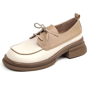 Women's Two-Tone Platform Oxfords Vintage PU Square Toe Comfort Non Slip Chunky Heel Casual Lace-Up Dress Shoes for Office Wo