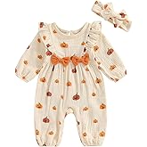 Afunbaby Halloween Baby Girl Outfit Infant Fall Clothes Long Sleeve Bubble Romper Pumpkin Bodysuit Jumpsuit with Headband