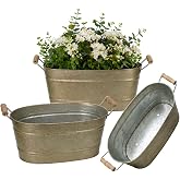3 Pack 15 Inch Oval Planters with Handles, Antique Brass Galvanized Finish | Large Rustic Metal Flower Buckets with Drainage Holes and Plugs for Outdoor Plants, Farmhouse Decor and Home Display