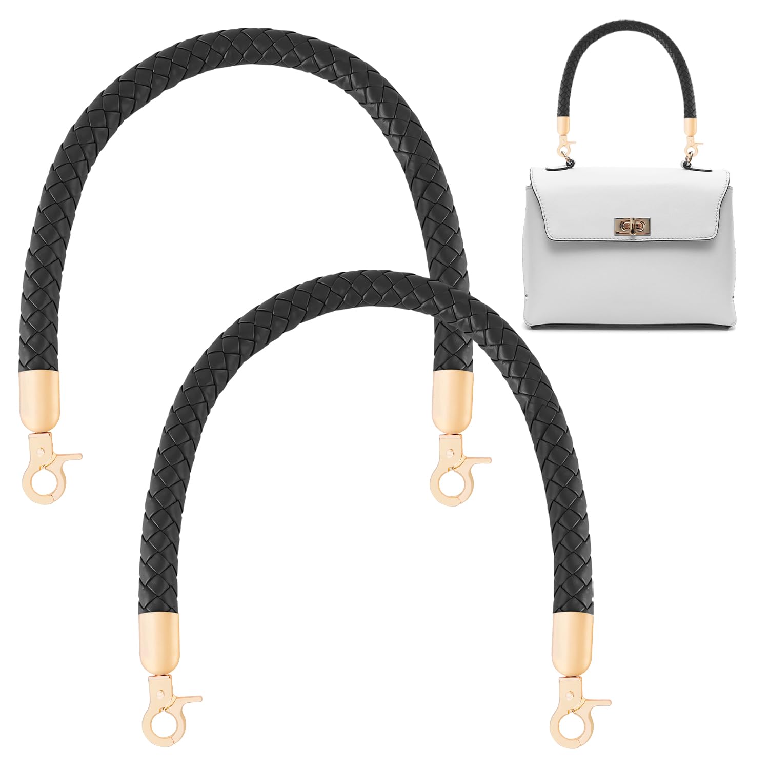 CENCERY Pack of 2 leather bag handles 60CM braided bag handles for handbags, shoulder straps, replacement handles for DIY bags, bag handles for crochet bags with 2 snap hooks (black)