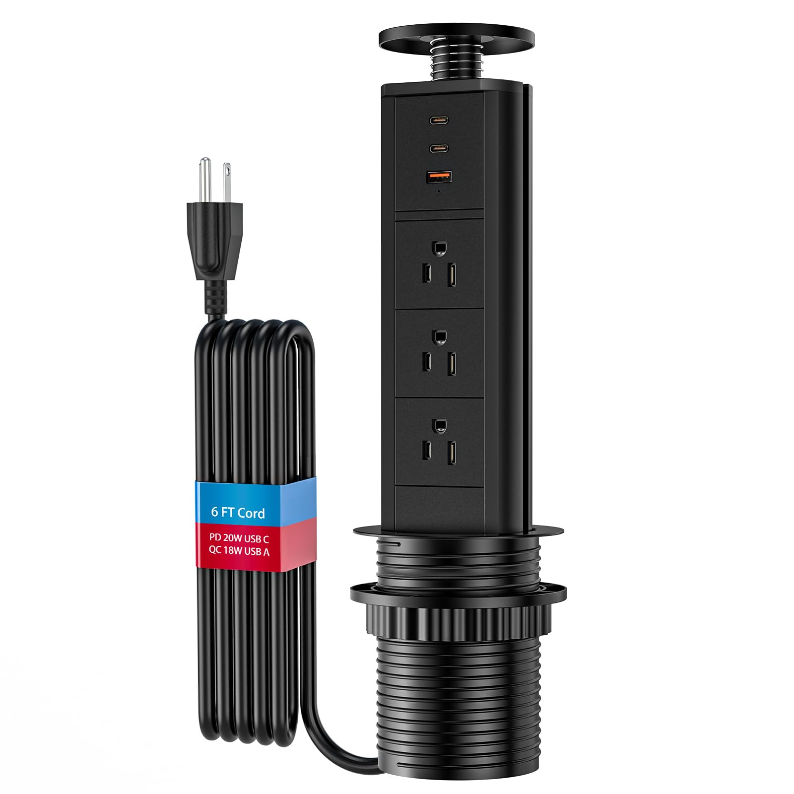 Photo 1 of BTU Pop Up Outlet with USB Ports, Pop Up Outlet for Countertop with 3 AC Outlet, 2 USB C Ports and 1 USB A Port Hidden Outlet Plug Pop Up Outlet for Kitchen Countertop Conference Office, Black