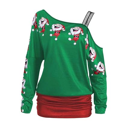 OverDose Damen Bluse Pullover Damen Weihnachten Weihnachtsmann Print Tops Langarm Aus Schulter Party Cosplay Elegante Lange B