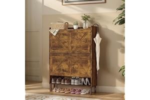 howcool Shoe Cabinet for 24 Pairs (Including Size 13) – Farmhouse Narrow Slim Design with 2 Flip-Drawers & Coat Hooks – Freestanding Hidden Shoe Organizer for Entryway, Front Door & Hallway Brown