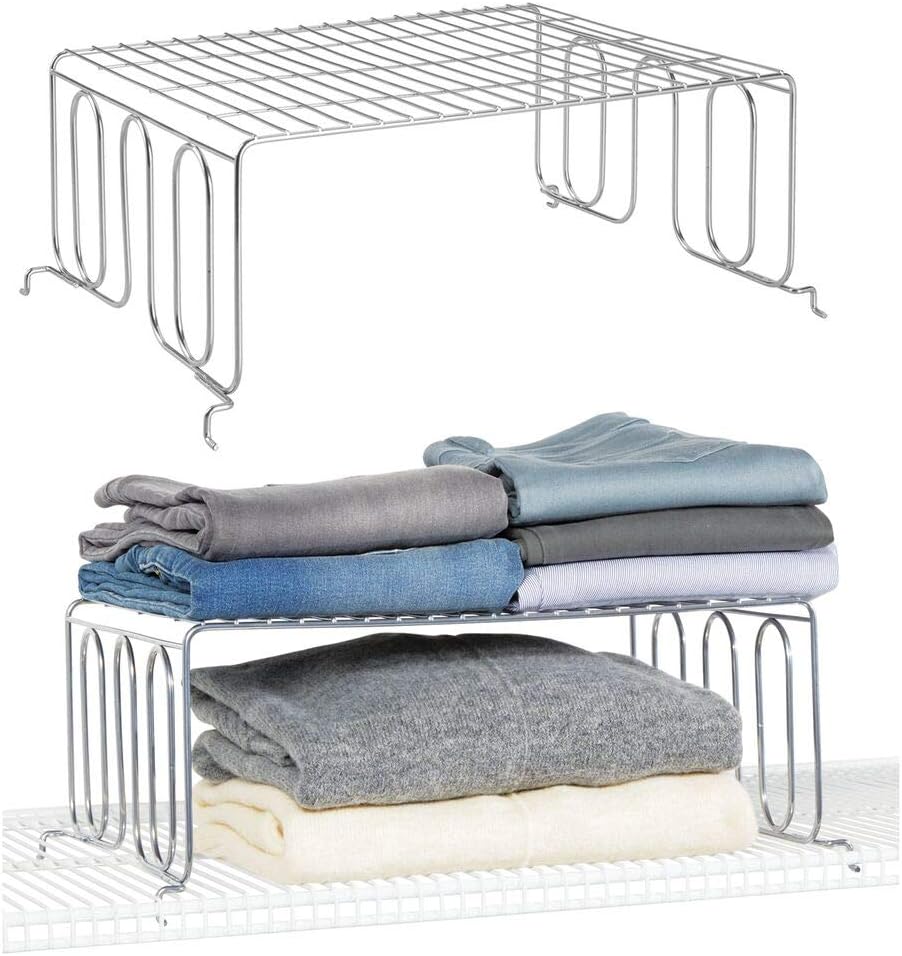 mDesign Versatile Metal Wire Closet Shelf Divider and Separator with Top Shelf for Storage and Organization in Bedroom, Bathroom, Kitchen and Office Shelves - Easy Install, 2 Pack - Chrome Silver