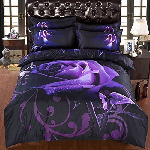 Comforter Sets 3D Luxury Flower Purple Rose Bedding 5-Piece ,Soft 3D Duvet Cover Sets with Comforter Twin/ Full/ Queen/ King/ California King ,Polyester(XLTwin-5PCS, Rose)