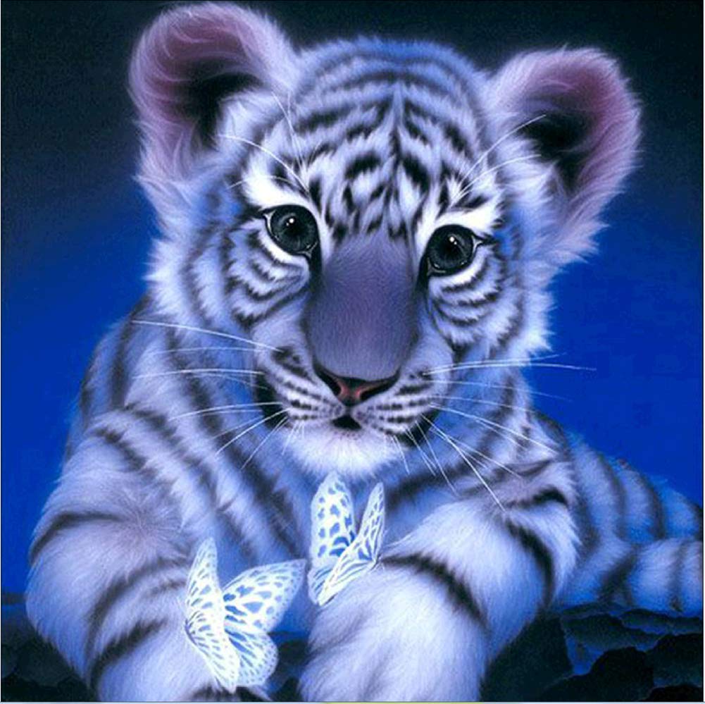 Awesocrafts Cross Stitch Stamped Kits White Tiger Cub and Butterfly Easy Patterns Cross Stitching Embroidery Needlework Kit Supplies (Tiger)