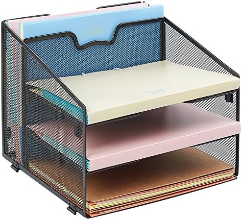 Reliatronic Mesh Desktop File Organizer with 3 Letter Trays and 1 Vertical Sections, A4 Size Letter Tray Organizer, Black