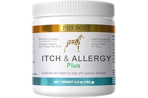 PetScy Itch & Allergy Plus Chews for Dogs Itchy Skin, Ears & Paws | Probiotics, Moringa & Turmeric | Dog Allergy Relief for Skin Redness, Hair Loss Gut & Digestive Health - Bacon Flavor - 60 Chews
