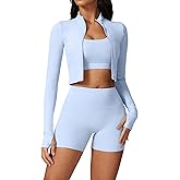 Workout Sets for Women 3 Piece Long Sleeve Zip Up Jacket, Sports Bra, High Waisted Yoga Shorts Gym Athletic Sets Blue M