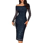 BeryLove Sparkly Off Shoulder Formal Wedding Guest Dresses Long Sleeve Midi Cocktail 2026 Sequin Mesh Evening Gala Gown Glitter Prom Party Sheer Baby Shower Dress Navy L