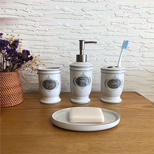 Seafulee Vintage Ceramic Bathroom Accessory Set, 4 Pieces Bath Ensemble, Bathroom Accessories Set Collection With Soap Dispenser Pump,Toothbrush Holder, Tumbler, Soap Dish