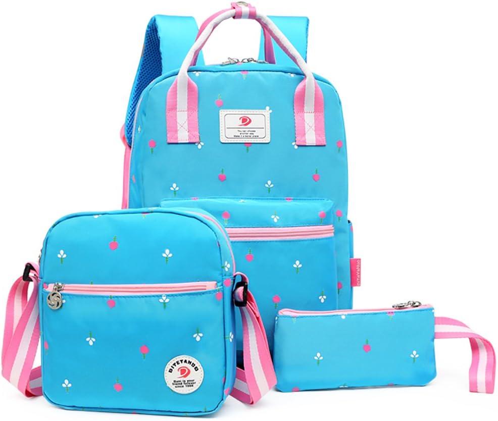 Bcony 3-in-1 Flower Lightweight School Backpack, Book Bag Shoulder Bag, Pen Case for Girls Go to School Shopping or Travel,Blue