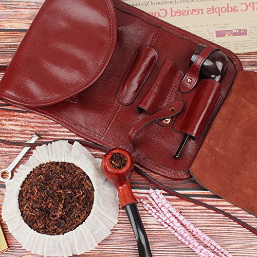 Handmade Genuine Leather Pipe Tobacco Pouch Bag Organize Case Pipe Tool lighter Holder Pocket for 2 pipe Vintage Unisex (Claret)