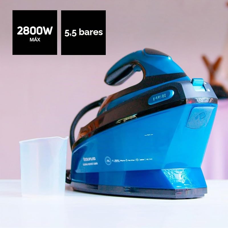 Sliding Perfect 2800 - Centro de planchado | 2800W Potencia | 5.5 bares de presión | Pantalla digital | Cerámica | Super vapor de 400g/min | Modo ECO | Planchado vertical | Azul