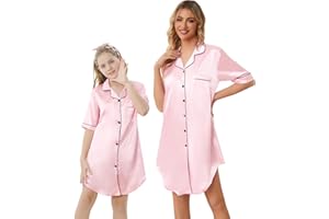 Schbbbta Girls & Women Silk Nightgown, Short Sleeve Button Down Satin Nightshirt Pajama House Dress, 3 Years- Women 2XL
