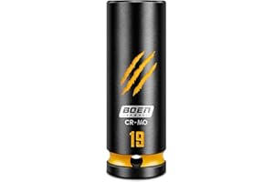 BOEN 1/2" Drive 19mm Deep Impact Sockets, 6 Point, Chrome-Molybdenum Steel